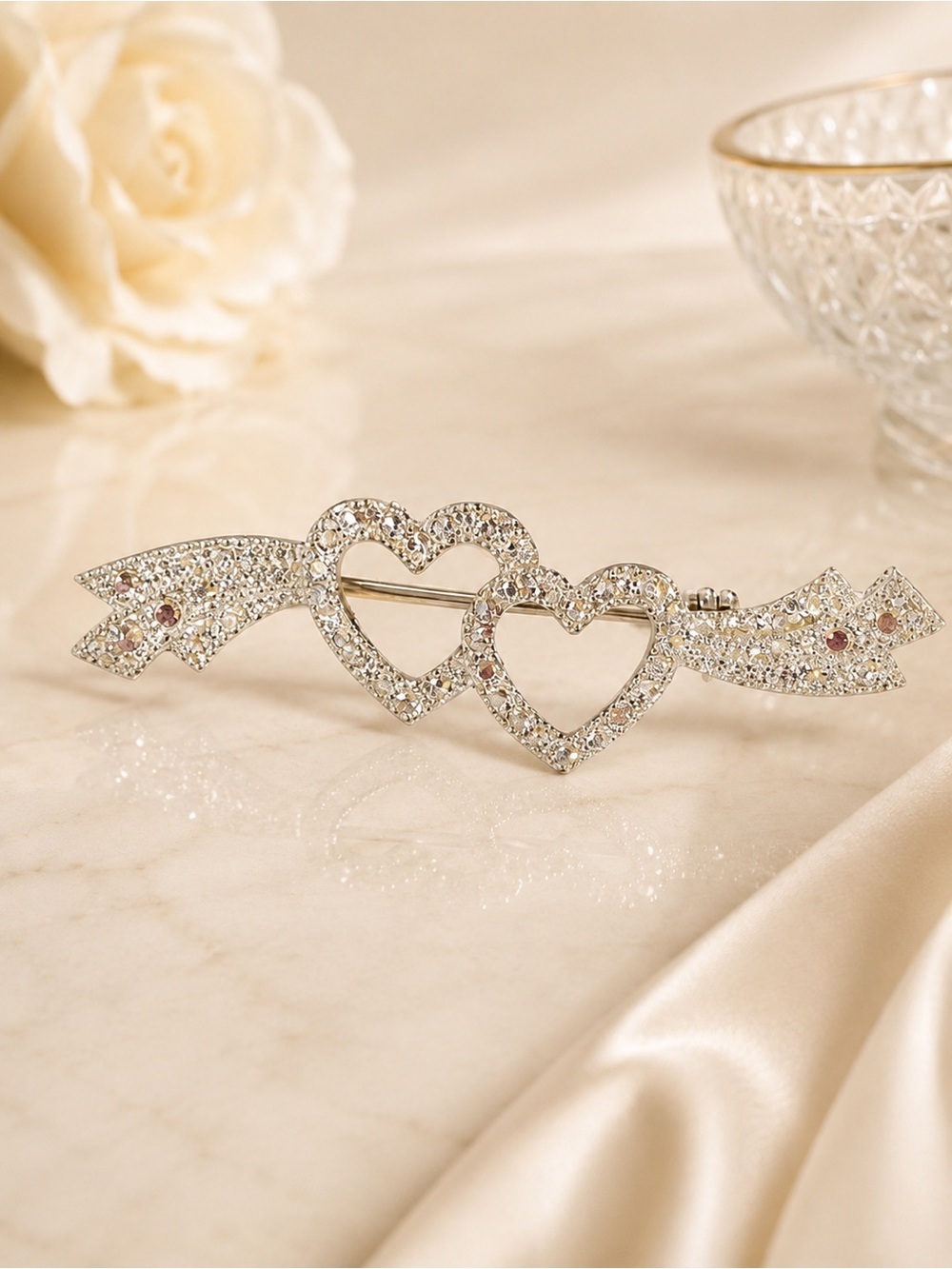 Vintage Double Heart Arrow Rhinestone Brooch Silver Tone Romantic Bar Pin